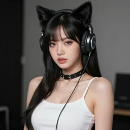 realistic beautiful gorgeous curvy natural cute Blackpink Lalisa Manoban black hair cute fur black cat ears, wearing white camisole, headphones, black leather choker artwork drawn full HD 4K highest quality in artstyle by professional artists WLOP, Taejune Kim, Guweiz on Pixiv Artstation