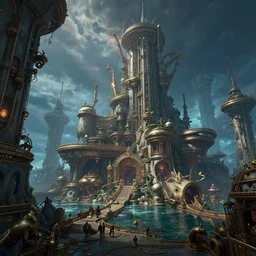 a fantasy steampunk sunken city, deep colour\'s, realistic, hyperrealistic, concept art, stylized, unreal engine 5, trending on art station,