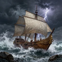 an ancient trojan trireme sailboat crashing into rocks and shattering in a massive storm, destruction, whirlpool, trireme, skiff, wooden sailboats, by greg rutkowski, grim, lightning flashes, sky swirling with black wind, dark sky, dramatic, realistic, detailed, ancient, artstation, artgerm, digital painting