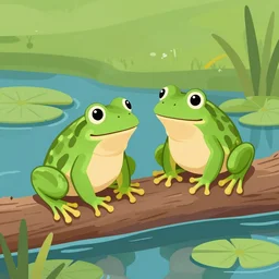 Two frogs sitting on a log in a pond, vector image