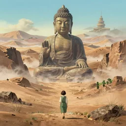 a movie still from a studio ghibli movie showing a highly detailed landscape with a giant living buddha statue walking through a valley in the desert. misty, depth perception, 4 k