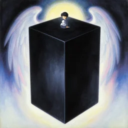 an oil painting by yoshitaka amano of the black box, film poster from angels egg directed by japanese director mamoru oshii, vintage 8 0 s anime, ethereal, holy, omnious, grainy, astounding, highly detailed, high quality, delicate, soft, very detailed, well defined, color corrected, iridescent light, neon gradient