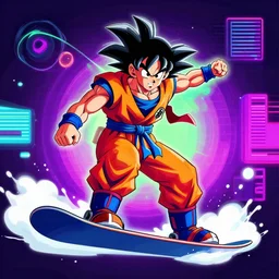 vaporwave, vector graphics, synthwave, neon, goku snowboarding, portrait