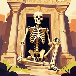 Giant skeleton remains sitting down guarding the temple door ruins, digital illustration, 2D, flat colors, vibrant colors