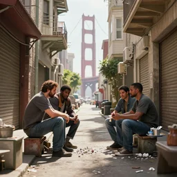 an alleyway in san francisco, a drug deal in progress. bright scene. fine detail. this 4 k hd image is trending on artstation, featured on behance, well - rendered, extra crisp, features intricate detail, epic composition and the style of unreal engine.