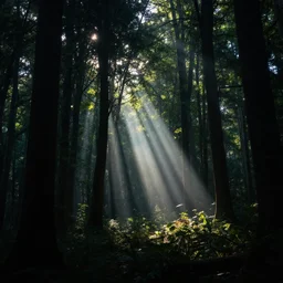 a dark forest with shafts of colorful light