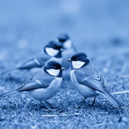 a blue monochromatic filtered photo of small birds standing on the ground.
