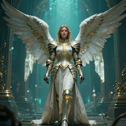 angel, big wings, low key light, full plate armor with cloth, f 1 6, bokeh, blade runner 2 0 4 9, medium portrait, gentle, female, ornate city ruins, landscape, d & d, fantasy, intricate, elegant, highly detailed, teal white gold color palette, roger deakins, sharp focus, greg rutkowski and alphonse mucha