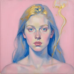 pink blue gilded ink smoke portrait, by Jenny Saville, oil on canvas, painterlu brushwork