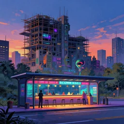 a beautiful ultradetailed illustration of nature unfinished building bus station by camille pissarro, at night at dusk thermal vision biopunk apocalyptic retro cyberpunk alien synthwave anime at summer liberty city scumm bar nightvision, archdaily, wallpaper, highly detailed, trending on artstation.