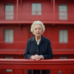 Medium Shot portrait of a very well-dressed old lady in a balcony of a red hotel, photo made by Wes Anderson award winning, 4K