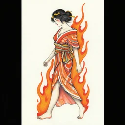 japanese tattoo sketch of a woman walking through flames, abstract, vibrant, color, amazing detail, in the style of john boy tattoo, award winning, trending on pinterest
