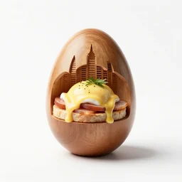 carved wooden eggs benedict, professional product shot, isolated on a pure white background, centered, entire object in frame, sharp focus, soft studio lighting