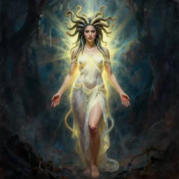 Full body photo of the beautiful goddess Lana Rhoades as Medusa the greek goddess, she is looking straight to the camera, she has a glow coming from her, she is getting illuminated for rays of light, behind is a scary atmosphere, she is posing, the photo was taking by Annie Leibovitz, matte painting, oil painting, naturalism, 4k, 8k