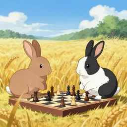 two rabbits playing chess against each other in a field of barley with a blue sky and trees in the background. one rabbit is brown and the other rabbit is black and white. in the style of anime.