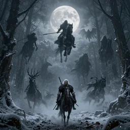 the wild hunt, wraiths riding in the sky, spectres, mythical creatures in undead nightmare, bad omen, aflutter enchanted forest, in the style of the witcher, blizzard storm, fog, full moon, snowy environment, hyperrealism, atmospheric, uneasy, cinematic, breathtaking, award winning, groundbreaking, octane render, unreal 5, intricate digital art, 8 k