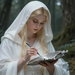 closeup shot of the goddess of memory inscribing rituals on a silver tablet in a forest, white hood, white robes, blonde, fantasy, magical, realistic and detailed, spiritual, supernatural, intricate, elegant, highly detailed, digital painting, trending on artstation, by wlop, 4 k octane render