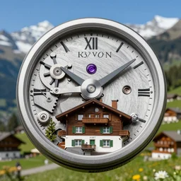 Macro photograph of a beautiful Swiss chalet, macro lens, photorealistic, 8K, watch mechanism landscape