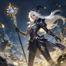 a white-haired witch holding a gnarled walking staff, glowing iridescent accents, digital apex legends illustration portrait, gorgeous lighting, wide angle action dynamic portrait, art by Josan Gonzalez, blue and gold palette, high contrast