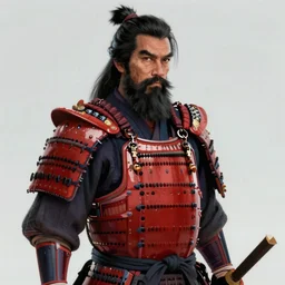 Miyamoto Musashi, 45 years old, wearing red samurai armor, long black beard, digital art