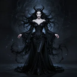 style of sui ishida : : gorgeous willa holland : : evil witch, swirling black magic, black dress : : symmetrical face, symmetrical eyes : : full body pose : : gorgeous black hair : : magic lighting, low spacial lighting : :