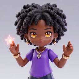! dream black girl african american nendoroid black girl with curly hair and amber eyes wearing purple t shirt, african american, jewelry and magic powers by loish, african american girl, dark brown skin