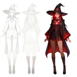 character model sheet of female student witch by greg rutkowski, witch academia, magic school uniform, glowing red iridescent hair color, by studio ghibli, digital art, trending on artstation, hd, 8 k, highly detailed, good lighting, beautiful, masterpiece