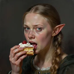 portrait of greta thunberg as a medieval goblin eating cakes, beautiful face, hyper realistic, highly detailed, digital painting, artstation, illustration, concept art by hyung tae and frank frazetta, digital paint, matte paint, washed colors, dark, gloomy