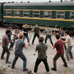 a lot of aggressive people are standing in a circle, holding sticks and stones, against the background of a dark green train, realistic, 4 k, ultra render, unreal engine