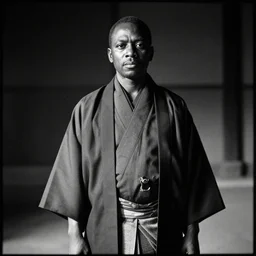 analogue photo of an african chief in Haori & Hakama, 35mm, f/1.4, black & white, dramatic lighting, national geographic, photographed by Martha Cooper,