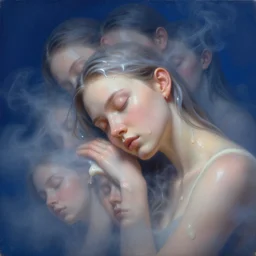 3 d, close - up, liquid white oil, sleepy fashion model, light fog, smoke, poster art, high detail, intricate oil painting, multiple exposure, deep blue color palette, hyperrealism, 3 d, by tooth wu and wlop and beeple and greg rutkowski