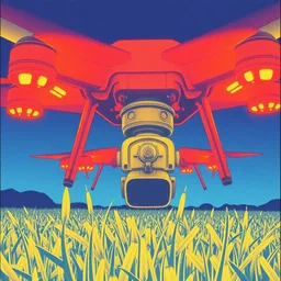 risograph grainy painting of tomorrow harvest, i see drones, by moebius and dirk dzimirsky and satisho kon, blue hour, close - up wide portrait