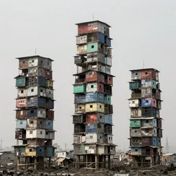 towers made up of densely stacked makeshift squatter shacks with faded colours suspended over a quagmire, plain uniform sky at the back, misty, mamiya, ultra sharp, very detailed, photographed by julie blackmon, cristina de middel and john chiara