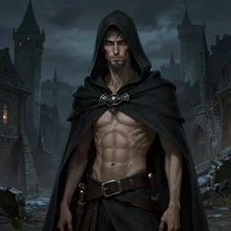 4 0 years old man, skinny, slim : : goatee : : hooded cloak : : medieval city, night, dark, grim, high detail, digital art, rpg, illustration