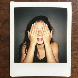 polaroid of laughing woman covering face, holiday - 4