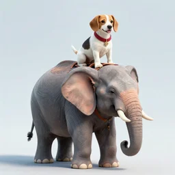 white beagle dog riding on a elephant, octane render