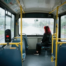 Girl with red and black hair riding the bus on a rainy day, 8k photography, wide-shot