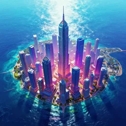 cyberpunk city surrounded by a glistening ocean [ style of seerlight ] saturated chromatic utopian science fiction artstation renderman