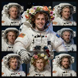 realistic detailed view astronaut in space with flower crown by terance james bond, russell chatham, greg olsen, thomas cole, james e reynolds, photorealistic, fairytale, art nouveau, illustration, concept design, storybook layout, story board format
