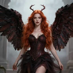 beautiful female mage with red hair, angelic figure, dark wings