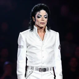 thin!!! michael jackson with thin!!! face!!!!!, standing on stage live at the indoor o 2 arena wearing a sparkling white diamond outfit with large thin shoulder pads!!!!! doing a concert, multiple flashing lights and colorful spotlights, beautiful photography, cinematic, award - winning photo, highly detailed, this is it