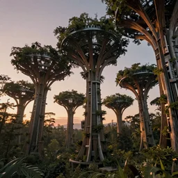 a forest, futuristic artificial trees of brutalist architecture, trees covered with greebles, stunning volumetric light, sunset, metal, concrete and wood material, stunning skies, majestic landscape, trending on artstation, 8 k, photorealistic, hyper detailed, unreal engine 5, imax quality, cinematic, epic lighting, in the style of greg rutkowski