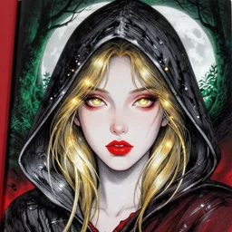 glowing silver and golden elements, full close-up portrait, young woman with magical eyes, red lipstick, blonde hair, hood, as a dark witch in front of the full big moon, book cover, green forest, red white black colors, establishing shot, extremly high detail, foto realistic, cinematic lighting, pen and ink, intricate line drawings, by Yoshitaka Amano, Ruan Jia, Kentaro Miura, Artgerm, post processed, concept art, artstation, matte painting, style by eddie, raphael lacoste, alex ross