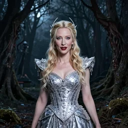 portrait of mischievous, dangerous Cate Blanchett's Galadriel as a queen of fairies, dressed in a beautiful silver dress. The background is a dark, creepy eastern europen forrest.  night, horroristic shadows, high contrasts, lumnious, theatrical, character concept art by ruan jia, thomas kinkade, and J.Dickenson, trending on Artstation