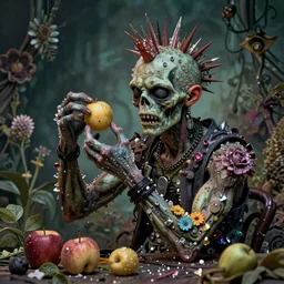 photorealistic portrait of a punk rock zombie turning into flowers and fruit, covered in crystals and glitter, botanical background, vanitas, still life, atmospheric lighting, sculptural, intricate detail, underground comix, psychedelic