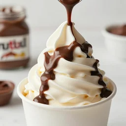 soft serve ice cream swirl in a coup. nutella pouring all over ice cream and all over cup. beautiful tasty delightful cinematic. s 3 5 mm f / 2. 8 macro is stm