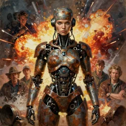 muscled cybertronic cyborg girl, rusty colours, biotechnology, explosions in background, bao pnan, tim hildebrandt, wayne barlow, bruce pennington, donato giancola, larry elmore, oil on canvas, denoise, masterpiece, featured on pixiv, cinematic composition
