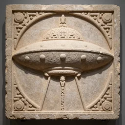 section of a decorative stone panel depicting ufo. Hindu artifact by Pacal Votan. 4K high quality museum collection photograph