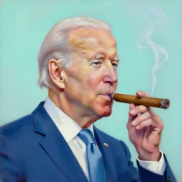 oil painting of joe biden smoking a cigar, bright, pastel turquoise background, impressionist colors