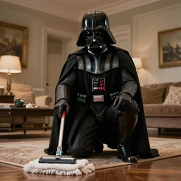 Darth Vader mopping the house, photo realistic, award-winning, highly-detailed